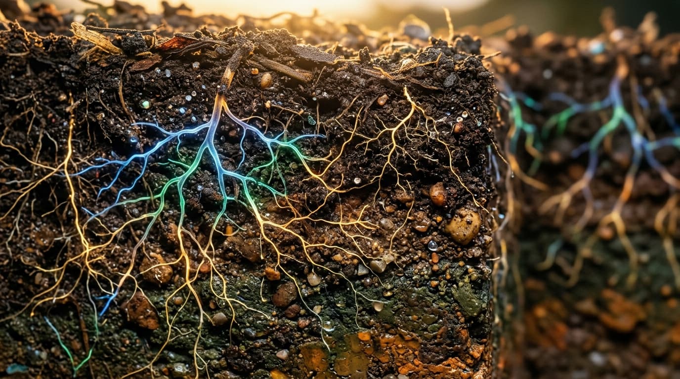 Bhumiveda AI Subterranean Soil Strata and Glowing Neural Root Networks